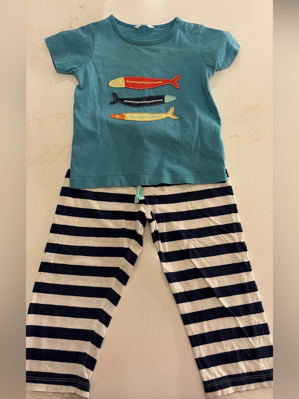 Boden Teal Fish Tee with Navy & White Stripe lightweight Pants
